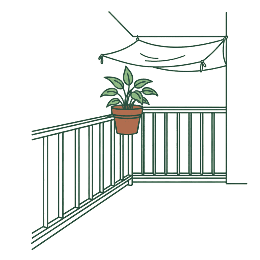 A potted plant on a balcony railing, healthy and upright under a light shade cloth strung above it