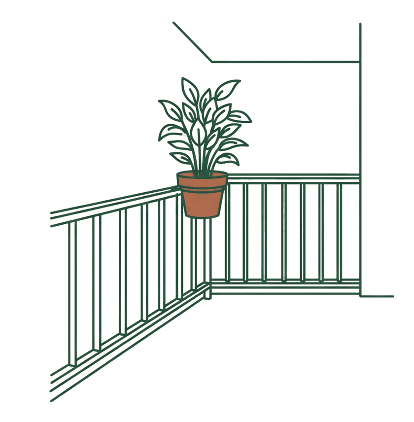 The same potted plant on the same balcony railing: wilting in harsh afternoon sun, thriving in shade