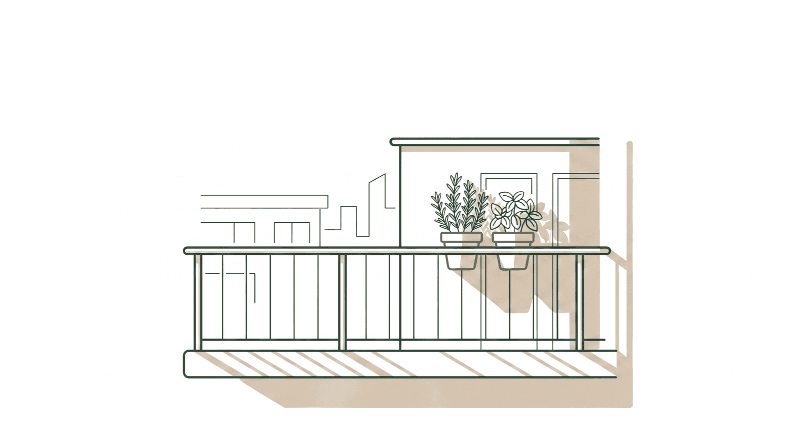 Line-art illustration of a sun-baked balcony with potted plants along the railing