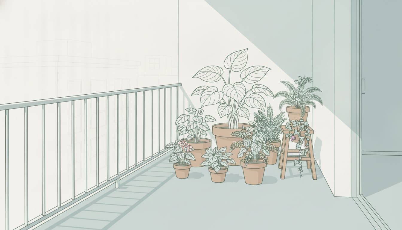 A north-facing balcony in soft shade, with potted hosta, fern, begonia and fuchsia grouped against the wall