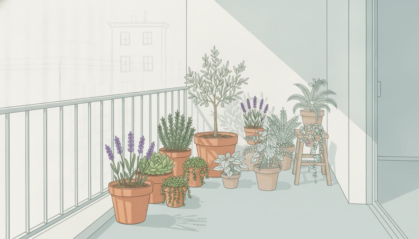 A sunny south-facing balcony with lavender, rosemary, an olive tree and succulents in pots along the railing